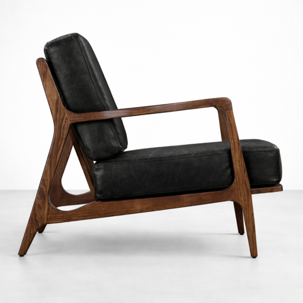 black leather armchair with teakwood frame side view