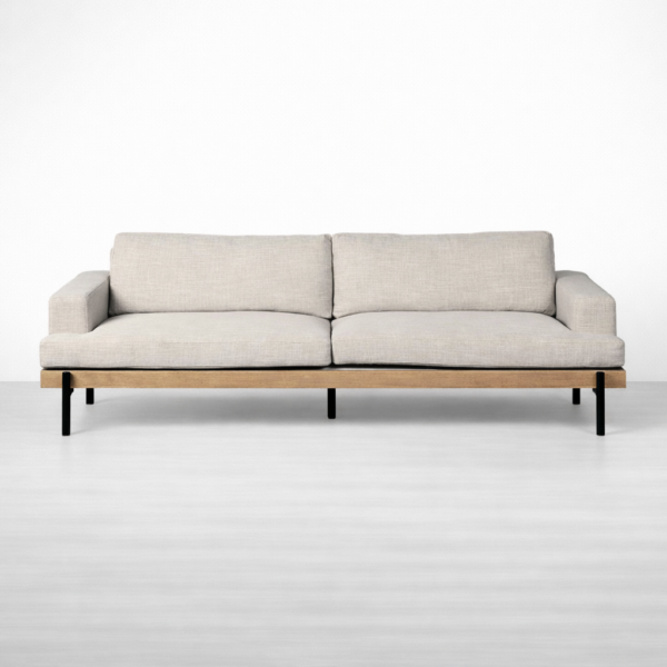 Teakwood base linen sofa with metal legs in beige upholstery by Interiorze front view