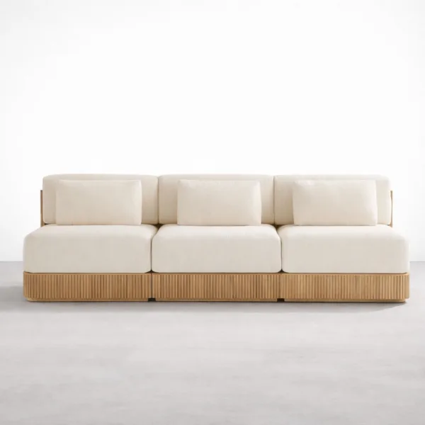 Front view of INTERIORZE Aarav teak wood 3 seater sofa with fluted base and ivory cushions
