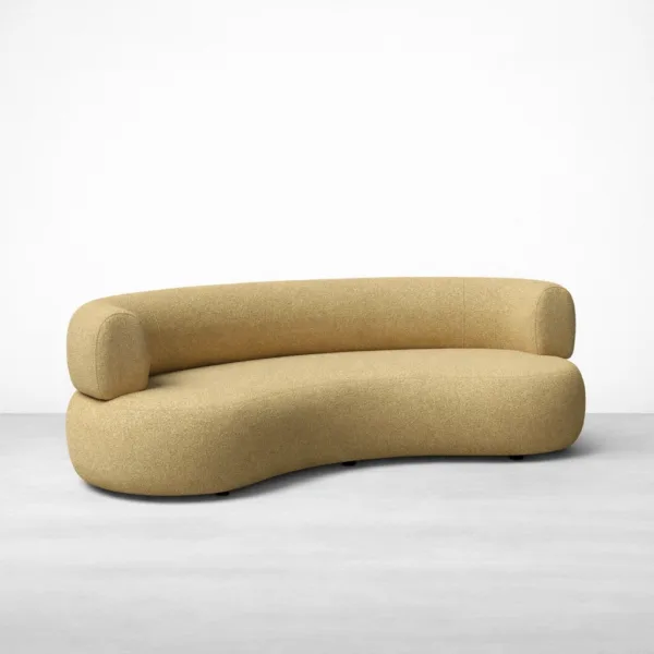 Front angled view of INTERIORZE Amaira curved beige 3 seater sofa showing kidney-shaped seat
