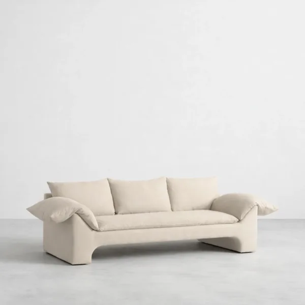 Teakwood cream sofa 3 seater front angle view with three back cushions