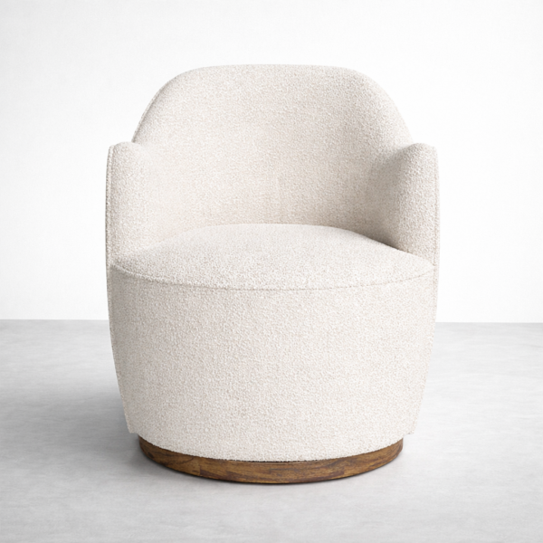 boucle swivel chair with teakwood base in cream front view