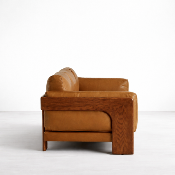 Brown leather sofa side view teakwood frame wooden arm INTERIORZE Teakwood Frame