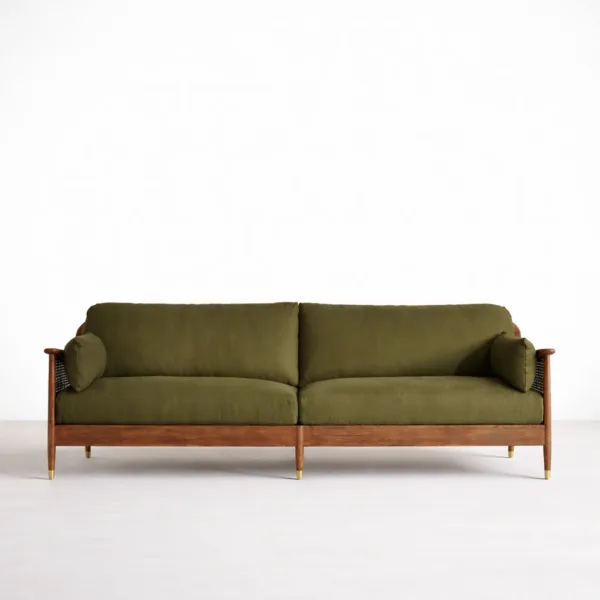 Front view of teakwood cane sofa 3 seater in olive green upholstery