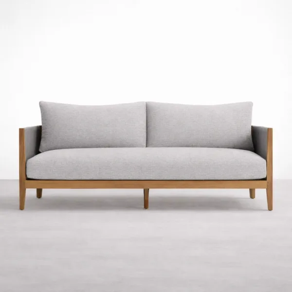 Front view of INTERIORZE Kiaan teak wood rope 3 seater sofa with grey seat and back cushions