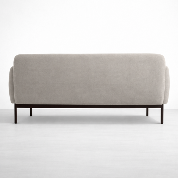 Back view of grey linen sofa with metal base by Interiorze