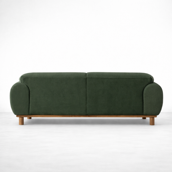 Back view of green ash wood sofa showing solid ash wood base frame by INTERIORZE