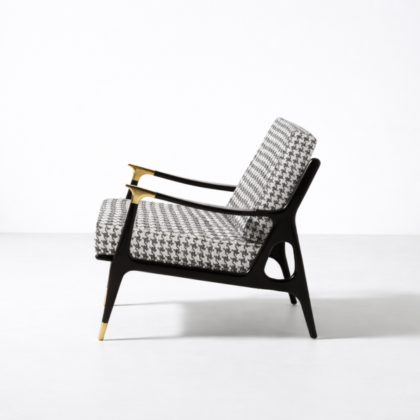 Side view of Aurex Black Frame Accent Lounge Chair with solid wood armrest