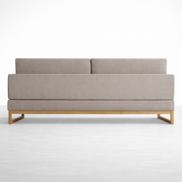 Back view of teakwood sofa with grey upholstery and teakwood base by INTERIORZE
