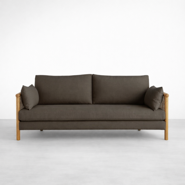 Cane arm 3 seater sofa charcoal grey front view by INTERIORZE