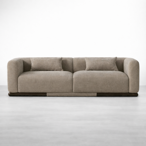 Beige linen sofa with teakwood base by Interiorze front view with deep seats and back cushions