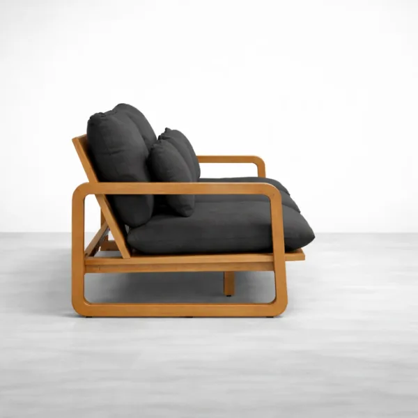 Side view of black teak wood sofa with open frame INTERIORZE Nero 3 seater