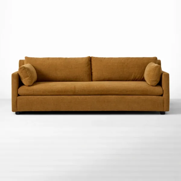 Front view of mustard brown 3 seater sofa by INTERIORZE