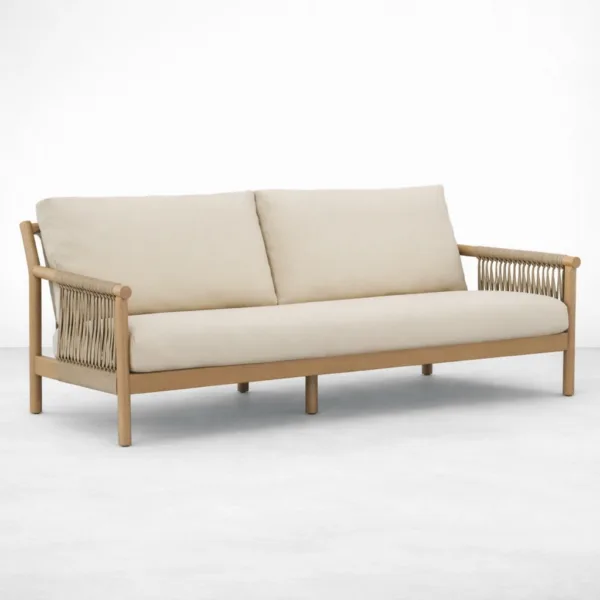 Teakwood rope sofa 3 seater with ash finish and beige cushions front angle view