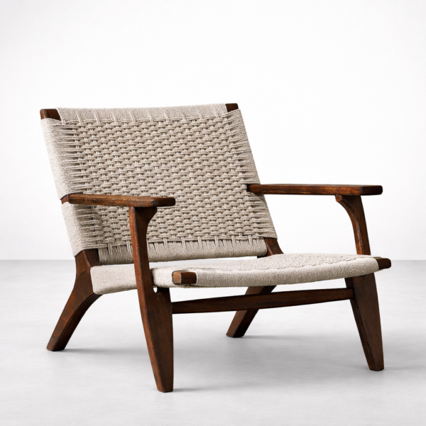 INTERIORZE woven wooden lounge chair in teak with natural rope seat and back