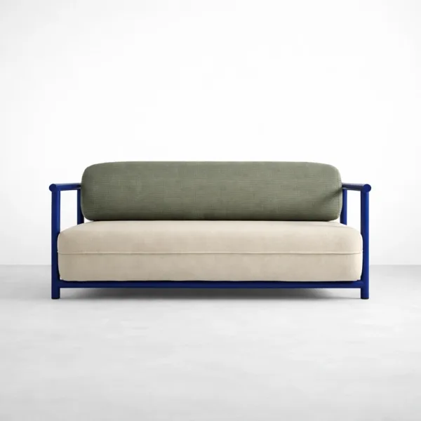 Blue frame lounge sofa front view with beige seat and olive backrest by INTERIORZE