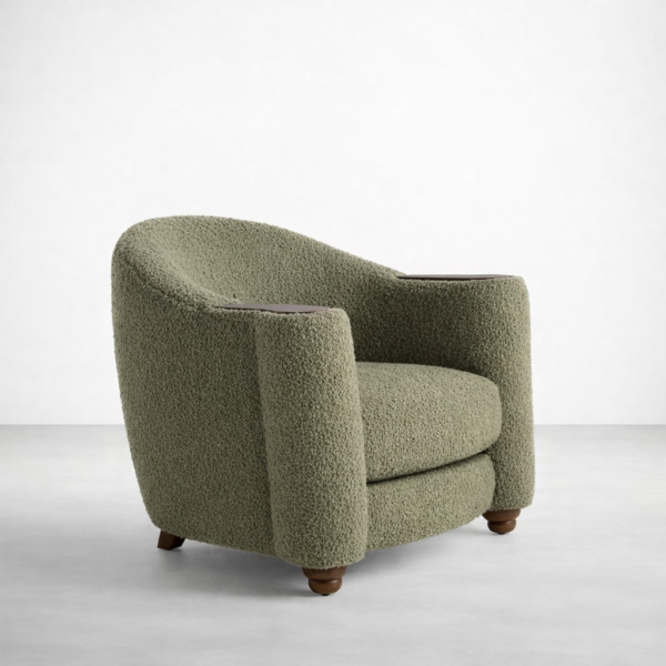 Angled view of INTERIORZE olive green boucle lounge chair with curved back and wooden legs