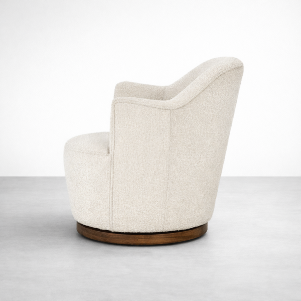boucle swivel chair side view with teakwood base