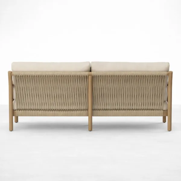 Teakwood rope sofa 3 seater front view with beige upholstery and ash finish frame
