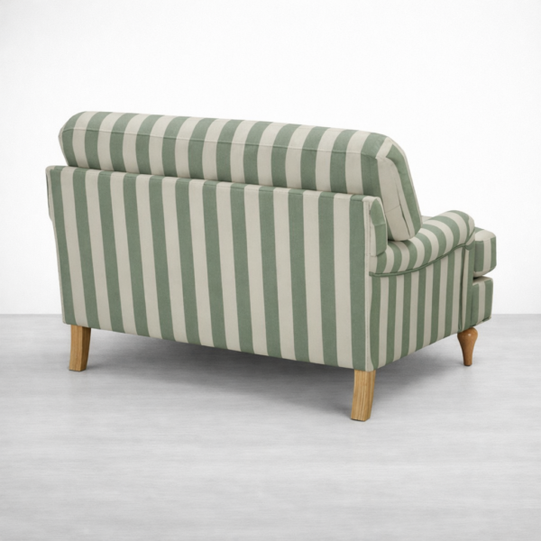 Back angle of INTERIORZE Green Striped Loveseat showing full sage green and cream striped upholstery