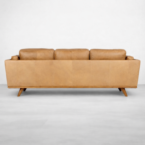 Back view of mid-century tan leather 3 seater sofa by INTERIORZE