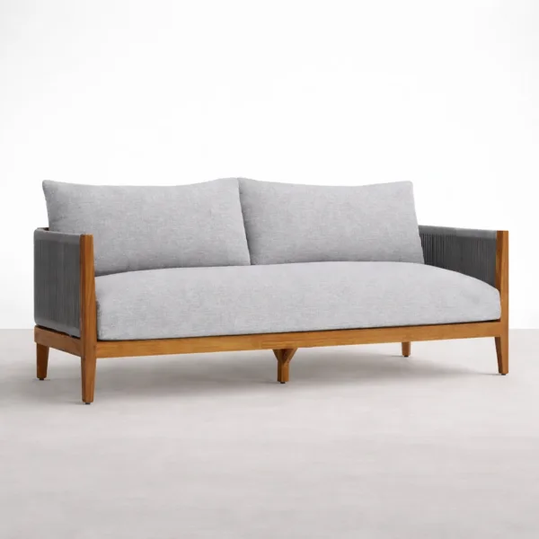 Front view of INTERIORZE Kiaan teak wood rope 3 seater sofa with grey seat and back cushions