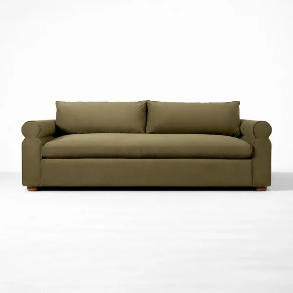 Front view of olive green 3 seater sofa INTERIORZE Alder roll arm
