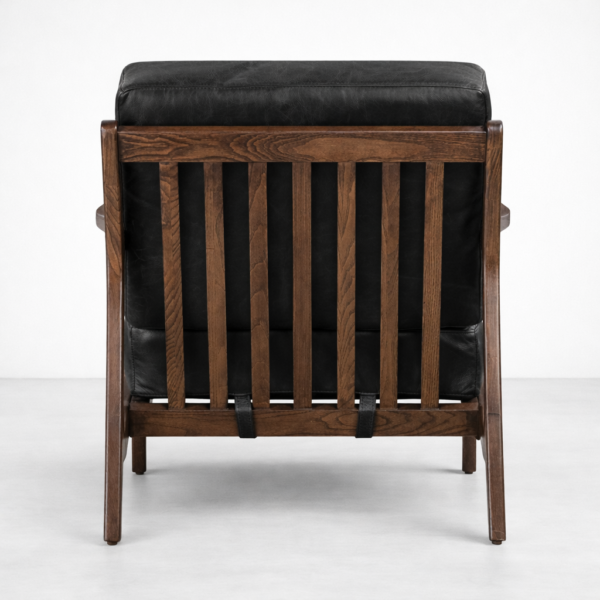 black leather armchair back view teakwood slat detail