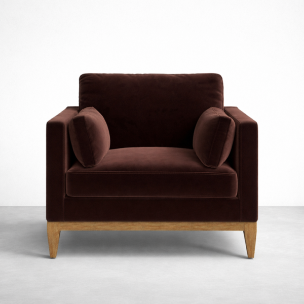 teak wood velvet armchair in chocolate brown front view