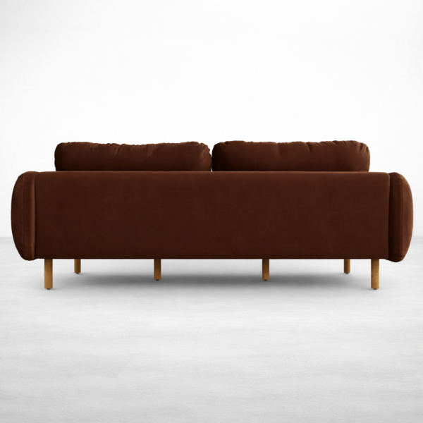 Back view of brown velvet 3 seater sofa with teakwood legs by INTERIORZE