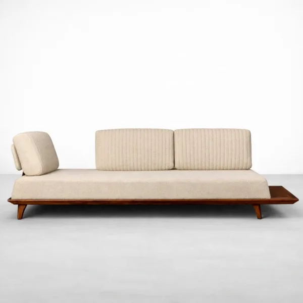 Ivory bouclé daybed sofa front view with teakwood base by INTERIORZE
