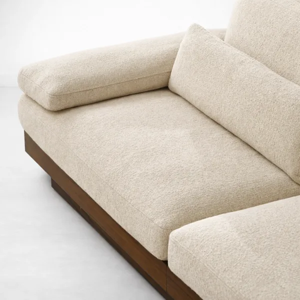Ivory boucle sofa fabric texture close up teakwood base INTERIORZE TeakLounge