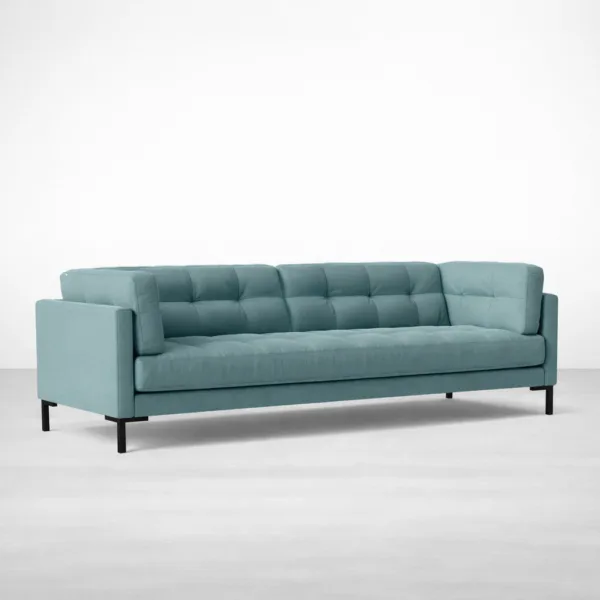 Front angled view of INTERIORZE Reyaan blue 3 seater sofa with metal legs and tufted cushions