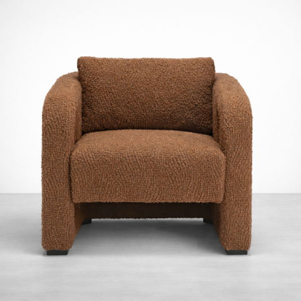 Front view of INTERIORZE Brown Boucle Armchair with deep seat and rounded arms