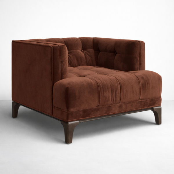 tufted velvet lounge chair angle view deep seat comfort