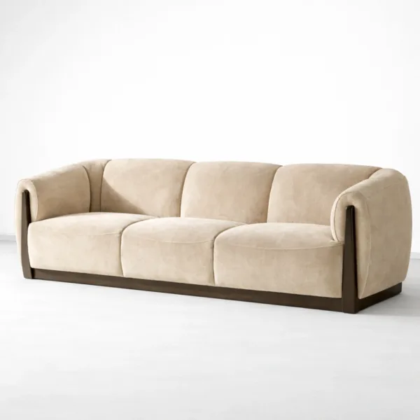 Beige velvet sofa front view with teakwood base INTERIORZE Teakcrest
