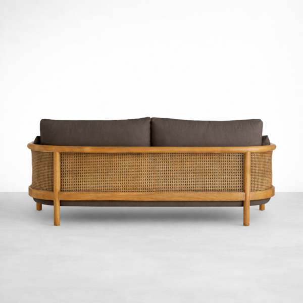 Back view of cane arm 3 seater sofa showing cane panel and hardwood frame