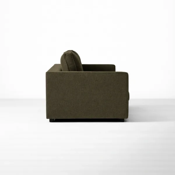 Side view of olive green sofa with straight arm design by INTERIORZE