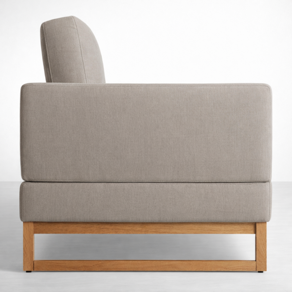 Teakwood sofa with grey upholstery and solid teakwood internal frame by INTERIORZE