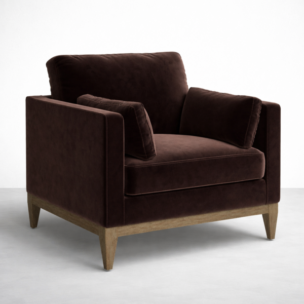 teak wood velvet armchair angle view plush cushions