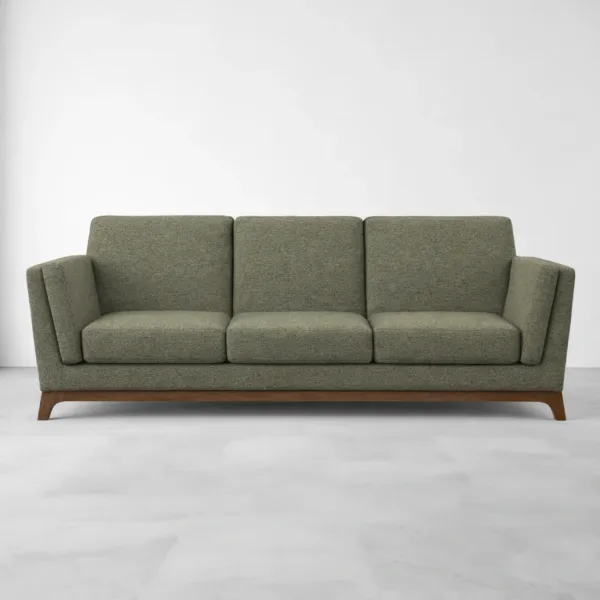 Olive green 3 seater sofa front view teakwood base INTERIORZE Arbour