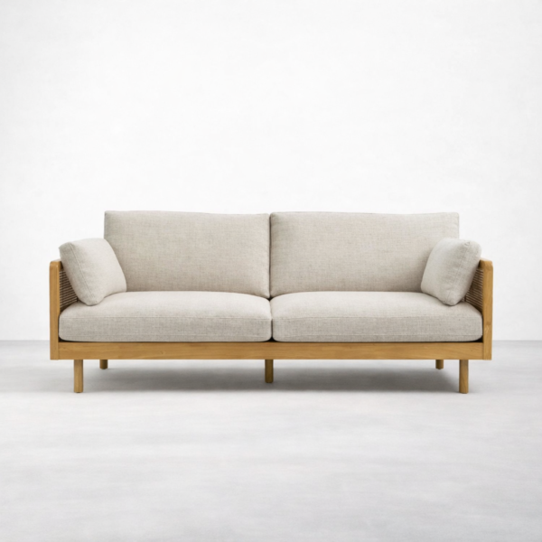 Teakwood rattan sofa in beige fabric with rattan side panels by INTERIORZE