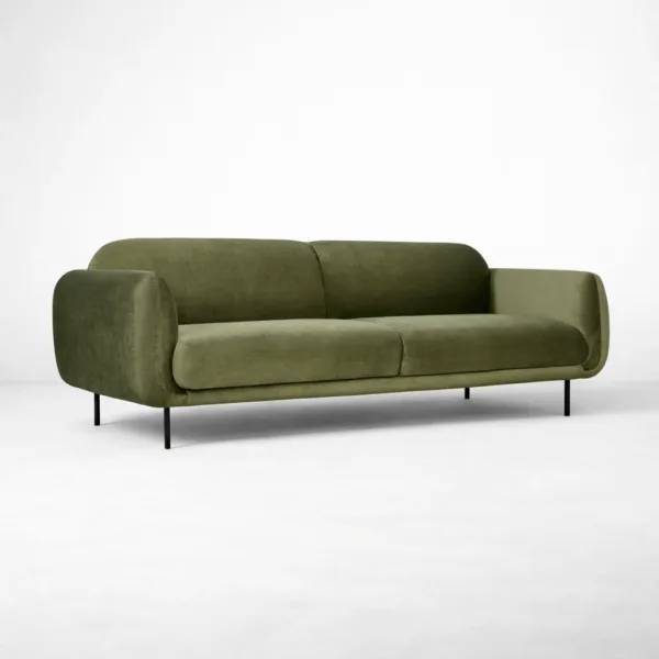 Modern olive green 3 seater sofa angle view with metal legs INTERIORZE Arlo