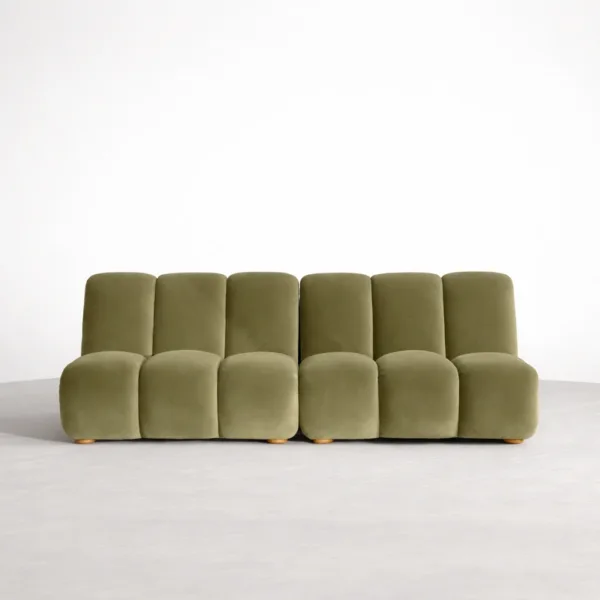 Teakwood green sofa 3 seater front view with modular channel tuft design