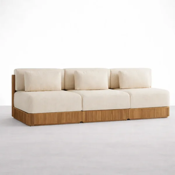 Front angled view of INTERIORZE Aarav teak wood 3 seater sofa with three seat cushions and back cushions
