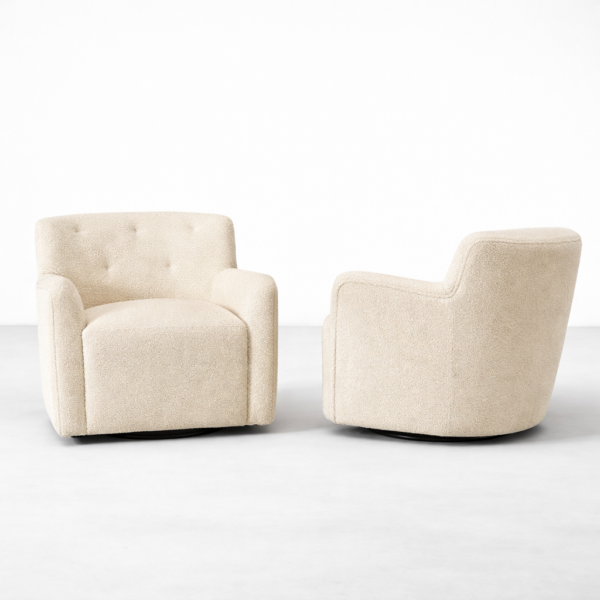 boucle swivel armchair angle view soft texture