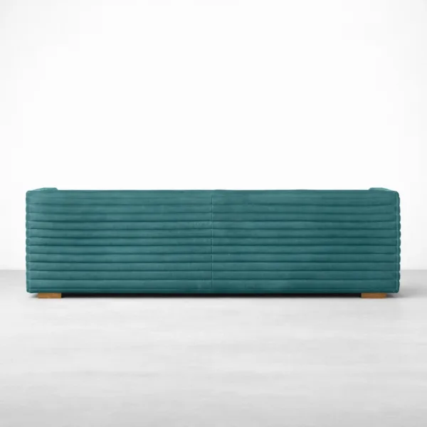 Back view of INTERIORZE Zayan teal channel tufted 3 seater sofa with continuous horizontal channels
