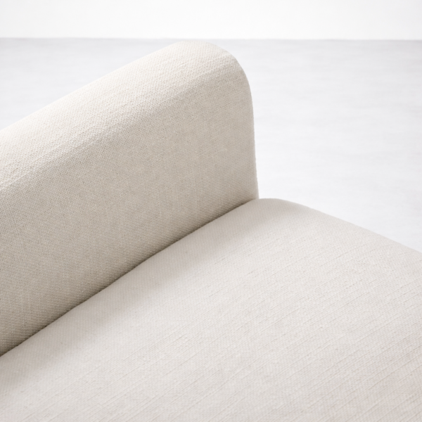 Upholstered backrest and seat cushion detail of Noircrest teakwood bench in fabric finish