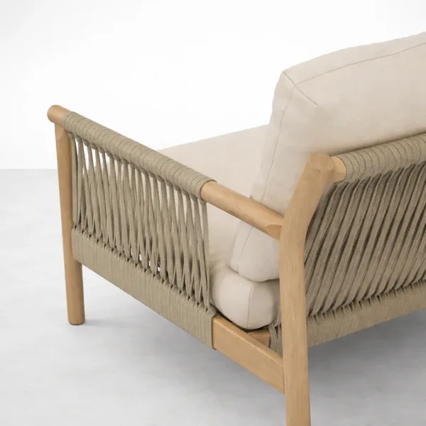 Close-up of teakwood rope sofa showing ash finish wood and woven rope arm detail
