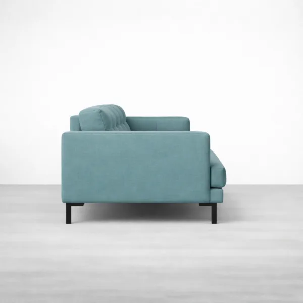 Side view of INTERIORZE Reyaan blue 3 seater sofa with metal legs and boxy arm